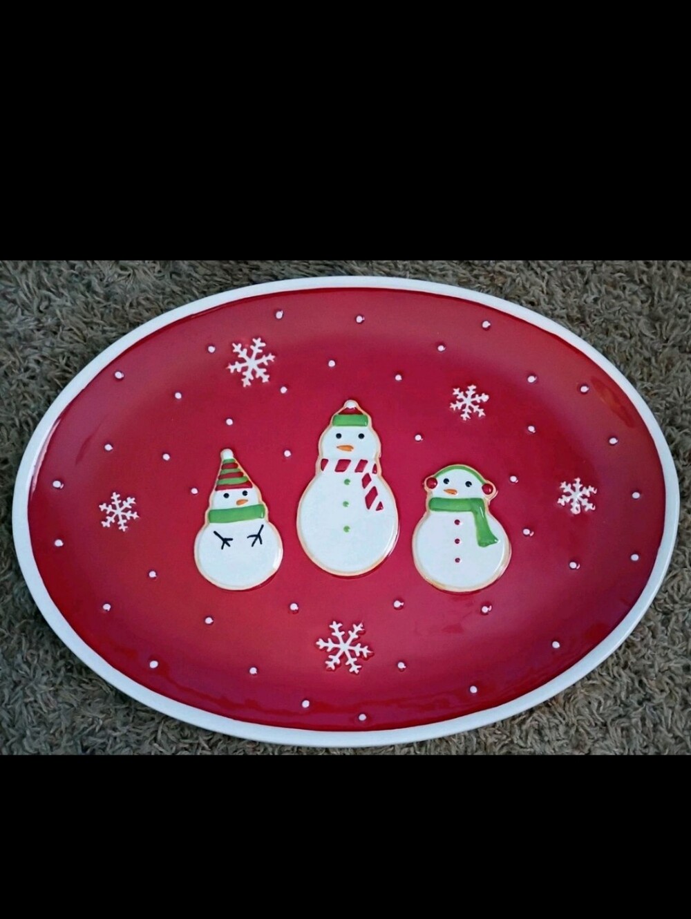 Red Hallmark Christmas Large Oval Plate/Platter With 3 Snowmen